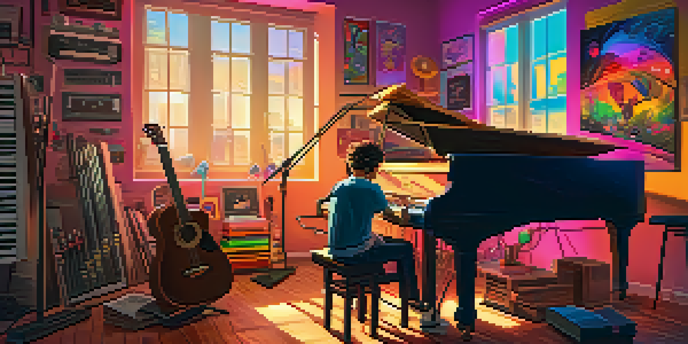 A musician in a cozy studio surrounded by musical instruments and colorful digital artworks, illuminated by warm sunlight.