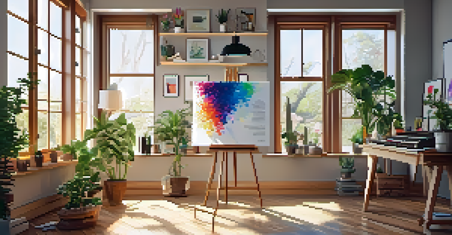 An artist's studio with a digital artwork on canvas and an NFT certificate on a table, filled with natural light.