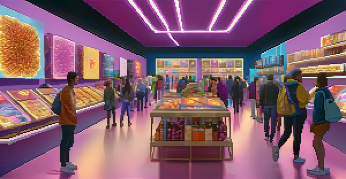 A digital marketplace featuring various utility NFTs with collectors interacting in a colorful and futuristic setting.