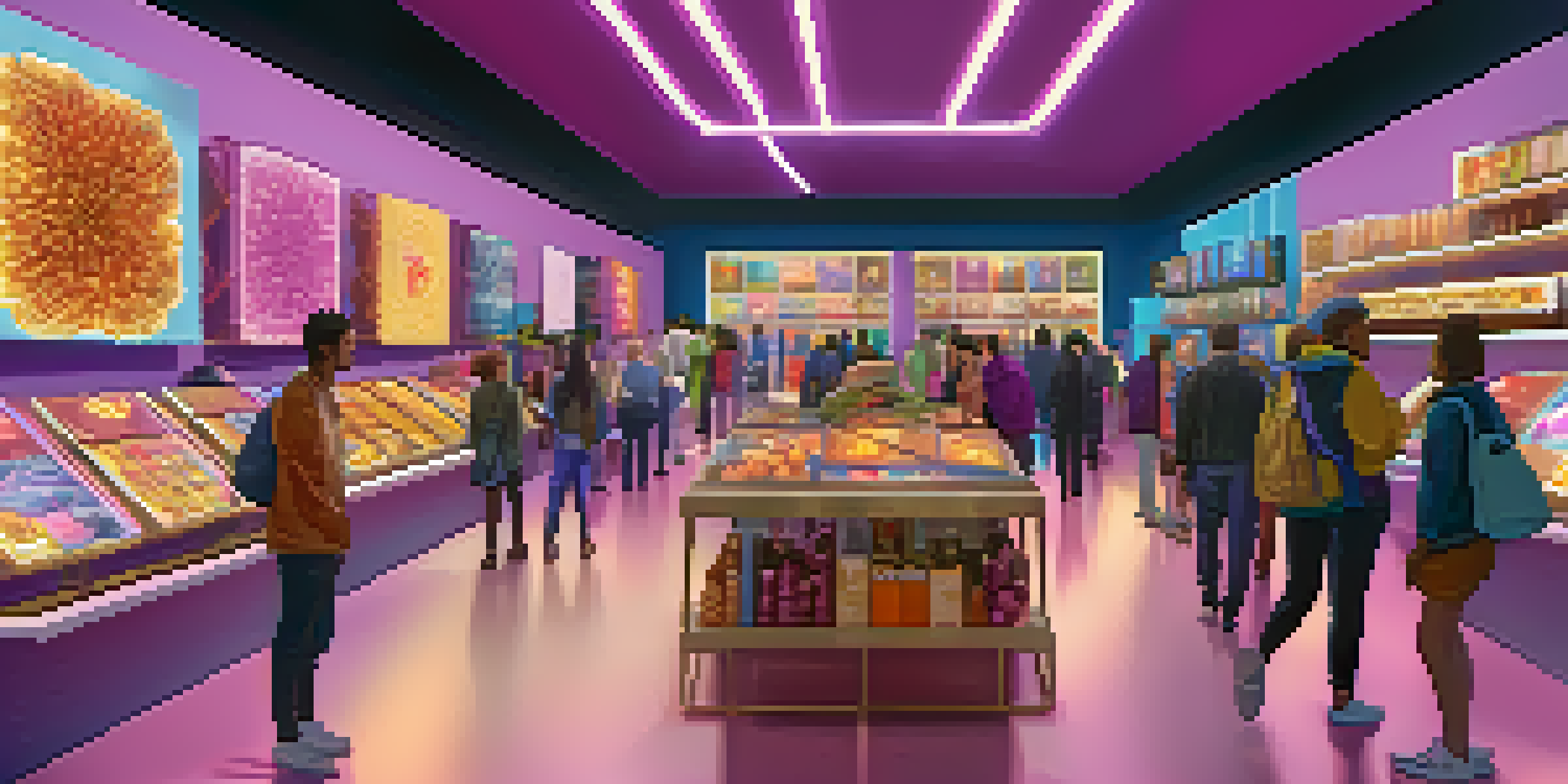 A digital marketplace featuring various utility NFTs with collectors interacting in a colorful and futuristic setting.
