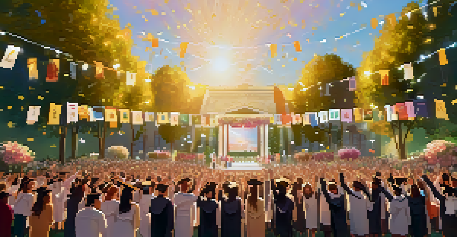 Graduates celebrating outdoors, holding up their NFTs on devices during a graduation ceremony.