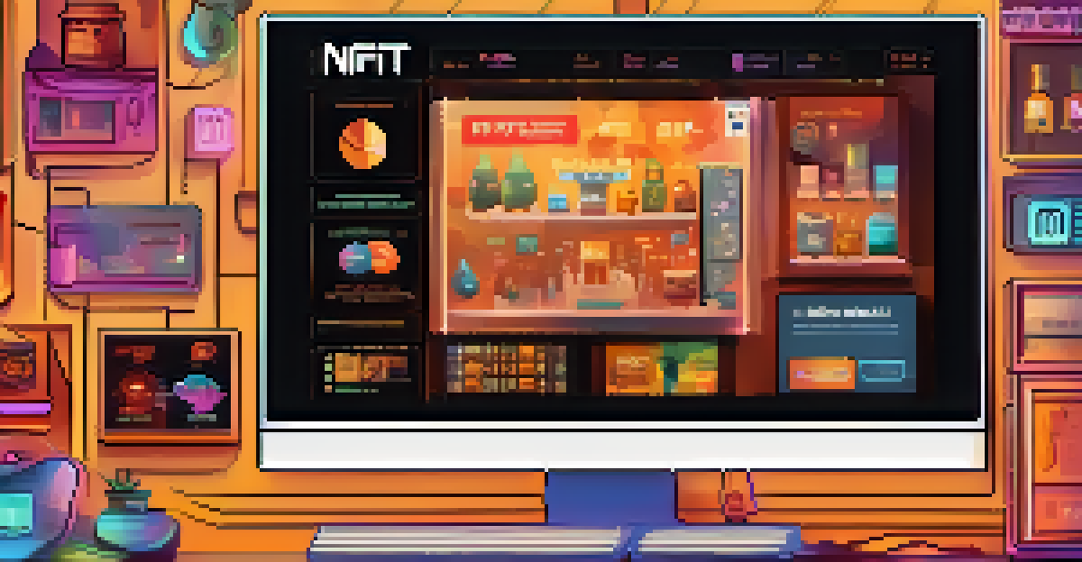 A close-up of a computer screen showing an interactive NFT marketplace with animated icons and statistics of digital collectibles.