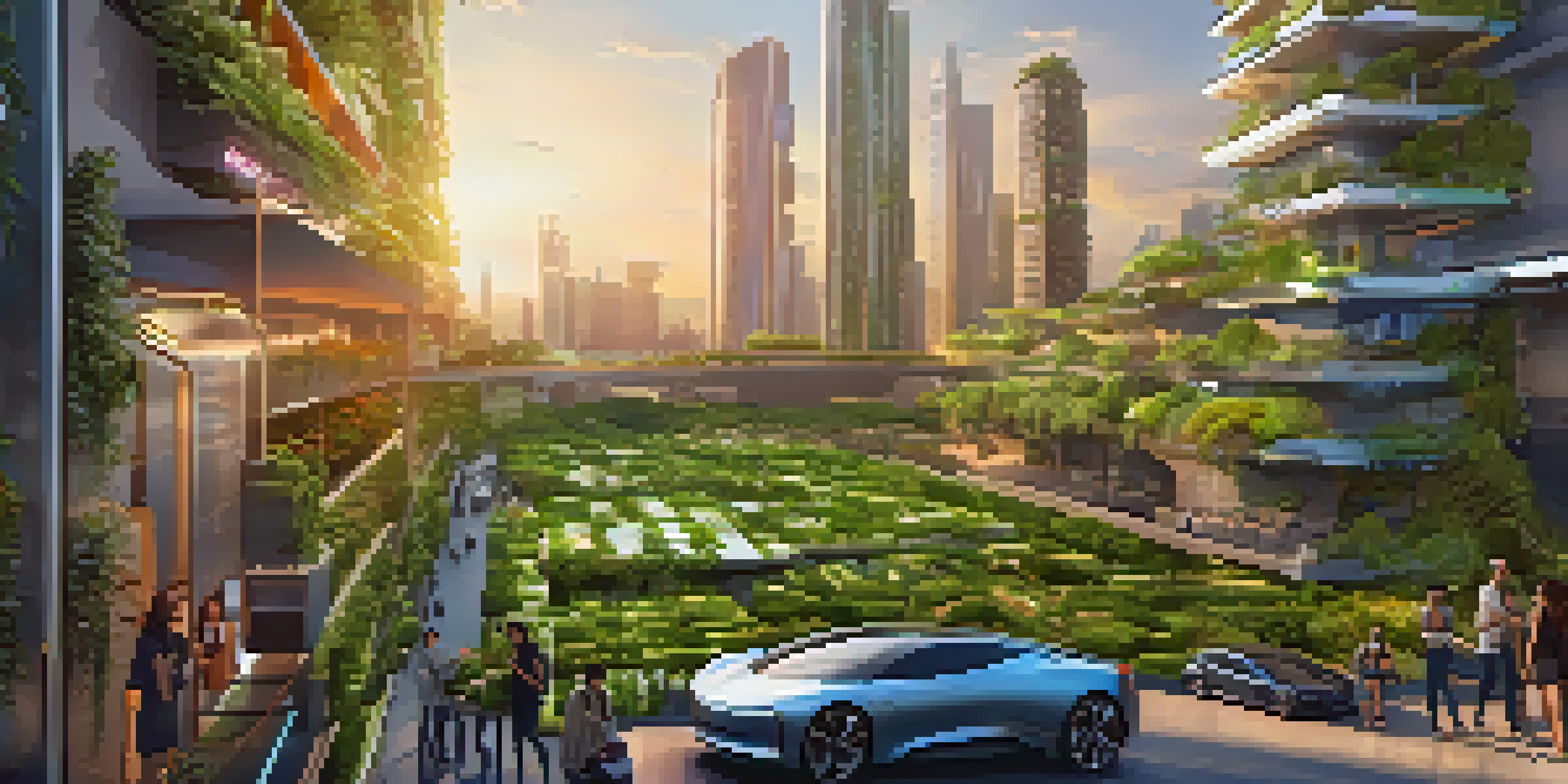 A colorful futuristic city with green architecture, reflecting a sunset, and people interacting in an eco-friendly urban environment.