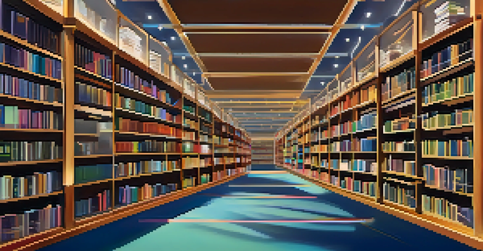 A digital library with colorful books representing blockchain transactions, featuring miners as librarians, illuminated by warm lighting.