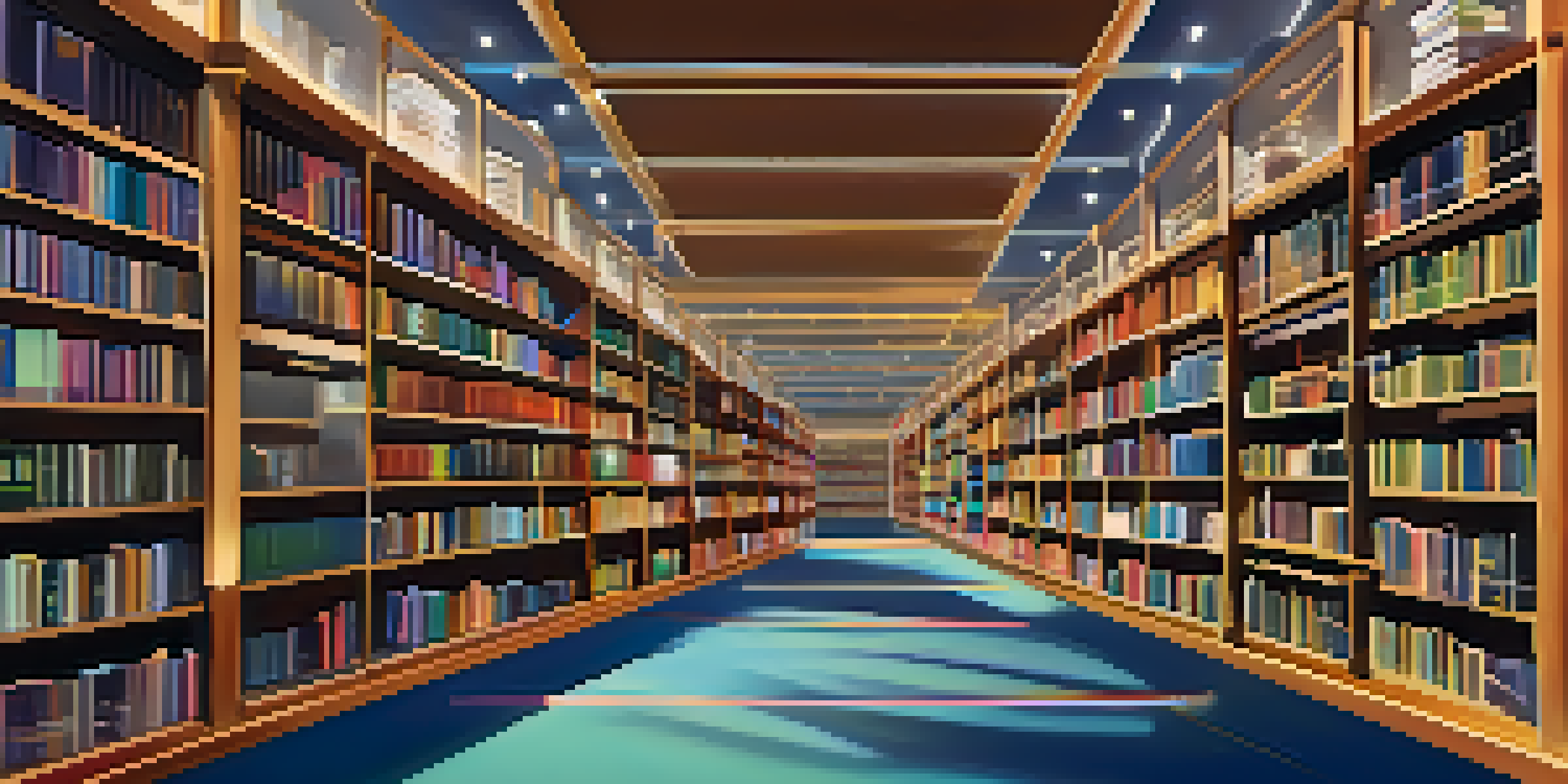 A digital library with colorful books representing blockchain transactions, featuring miners as librarians, illuminated by warm lighting.