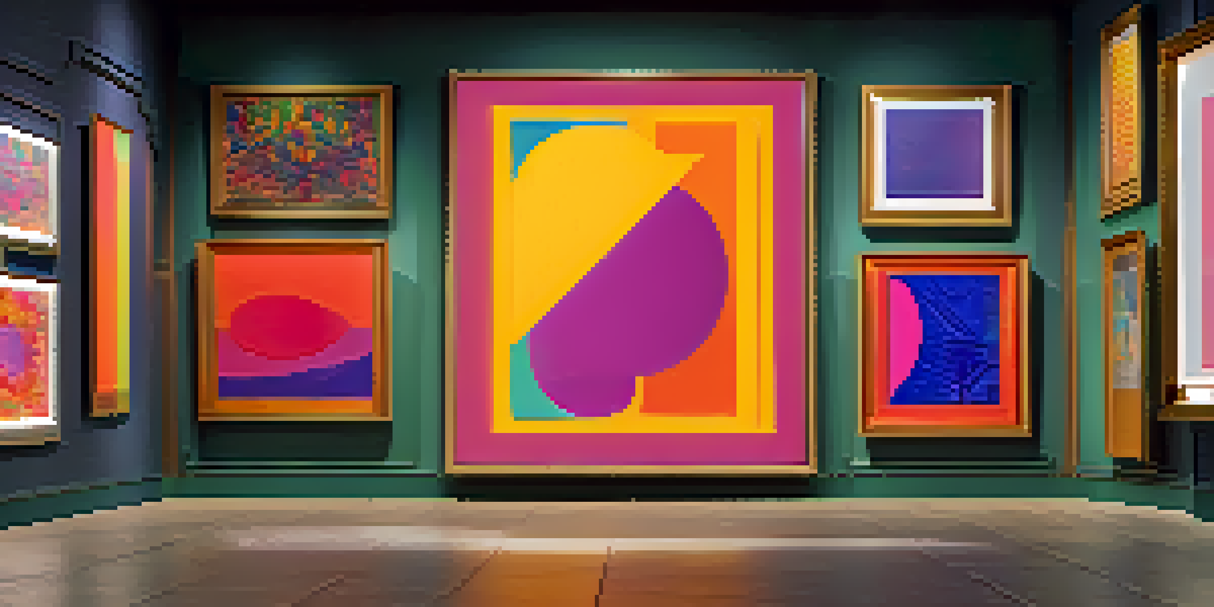 A digital art gallery featuring various NFTs in illuminated frames, with ambient lighting and abstract wall designs.