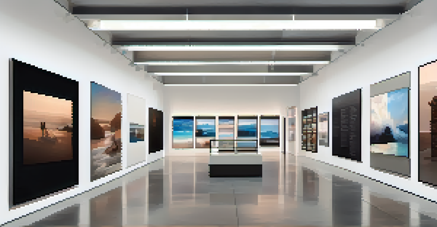 A modern digital gallery displaying various NFTs of photography on large screens, with a minimalist design.