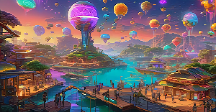 A colorful futuristic digital gaming environment where players interact with unique non-fungible tokens, surrounded by floating islands and digital structures.