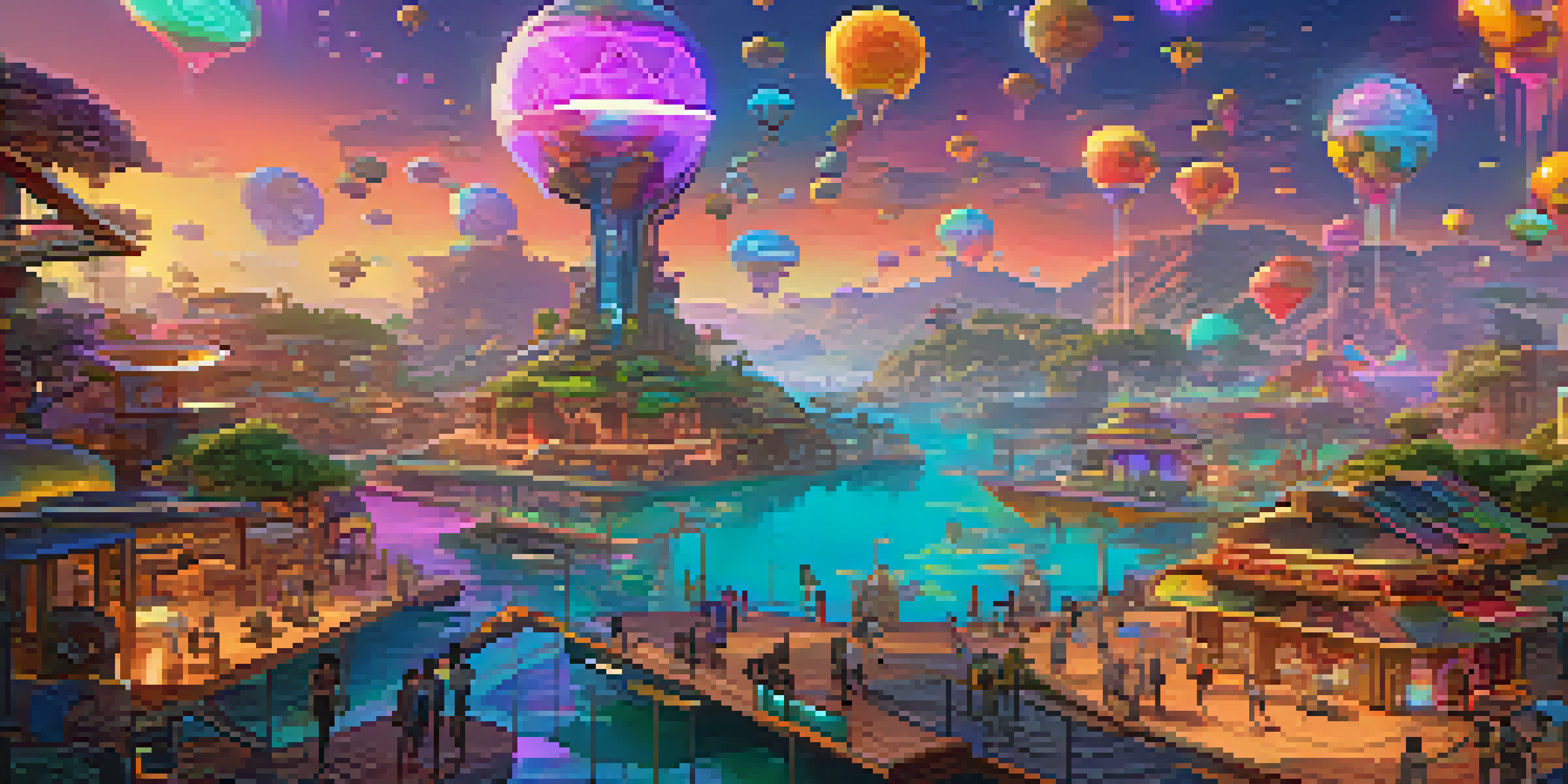 A colorful futuristic digital gaming environment where players interact with unique non-fungible tokens, surrounded by floating islands and digital structures.