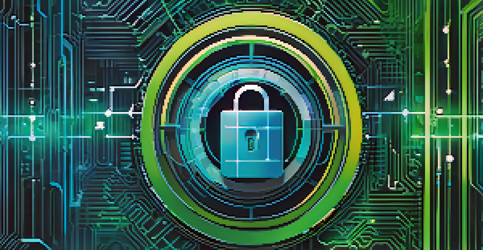 An abstract image symbolizing Digital Rights Management, featuring a digital lock and blockchain elements.