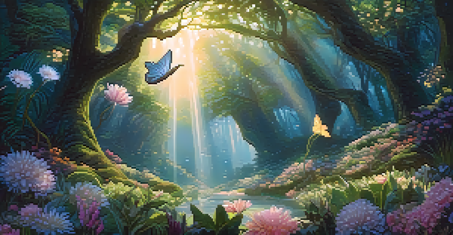 A close-up view of a magical creature in an enchanted forest with glowing flowers and sunlight filtering through the trees.