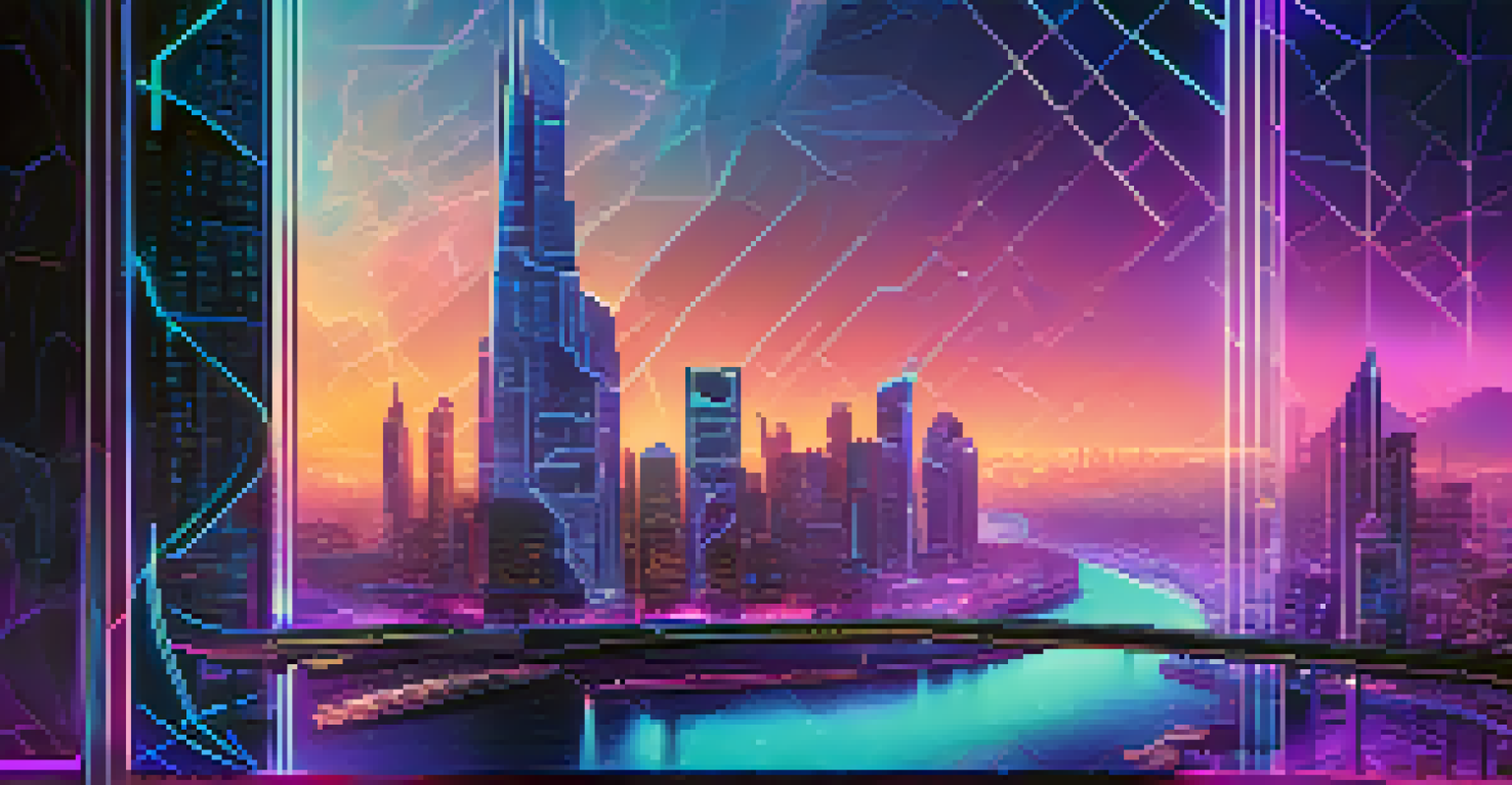 A close-up of an NFT on a digital screen with a futuristic city background, showcasing technology and digital ownership.