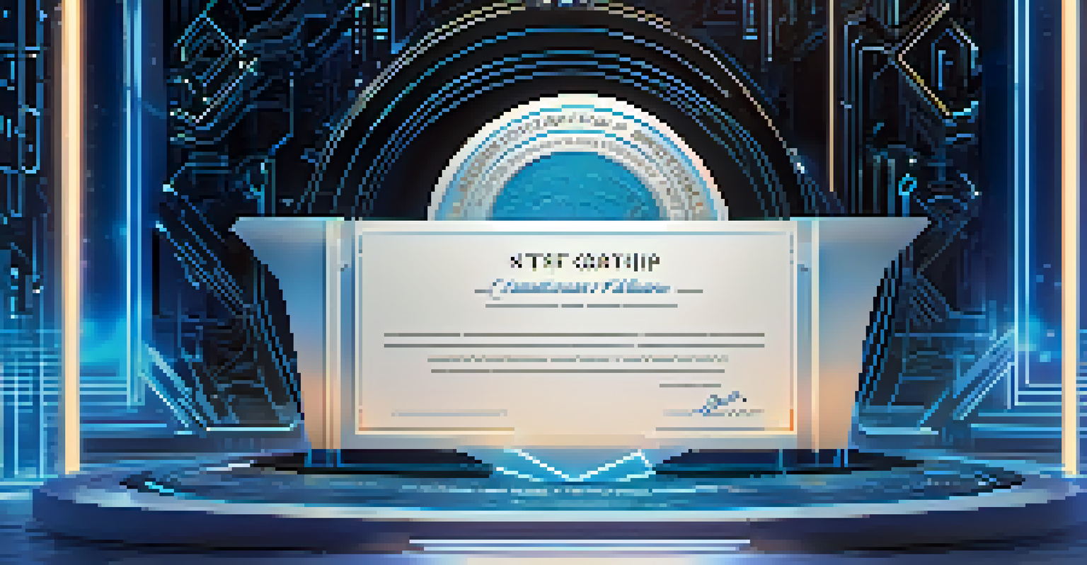 A close-up of a glowing digital certificate NFT showcasing intricate designs and a holographic effect in a modern workspace.