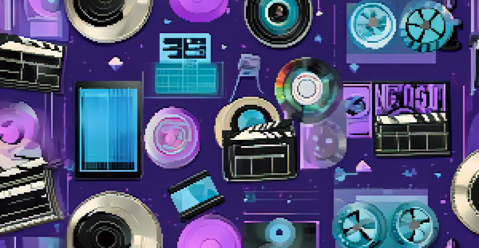 Digital tokens representing NFTs above a movie reel, surrounded by filmmaking elements.