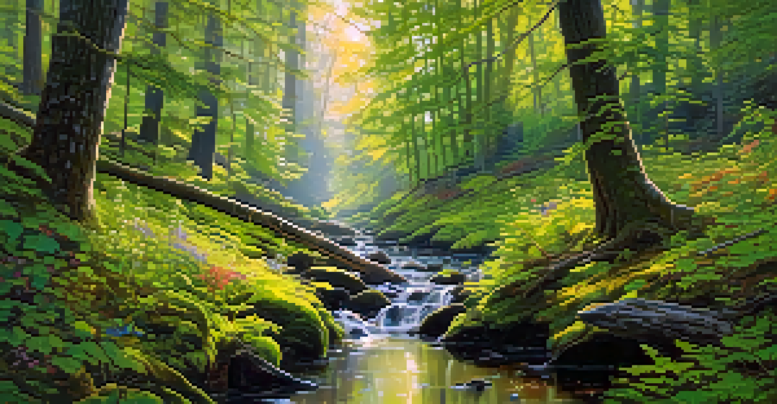 A peaceful forest with sunlight shining through trees and a stream flowing through it.