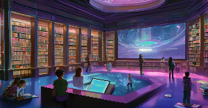 A futuristic library with holographic books and characters, illuminated in blue and purple light, with diverse readers engaging with the digital elements.