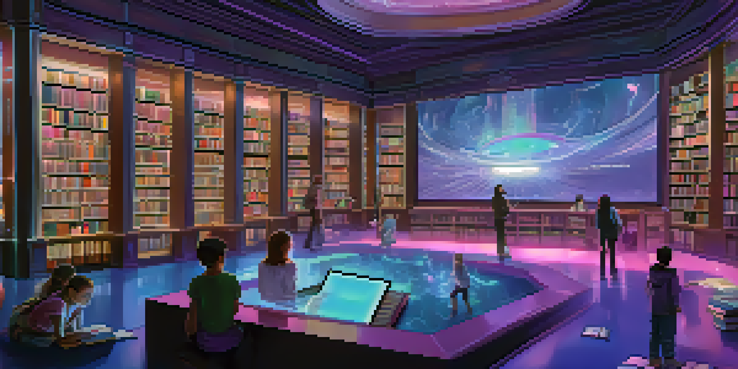 A futuristic library with holographic books and characters, illuminated in blue and purple light, with diverse readers engaging with the digital elements.