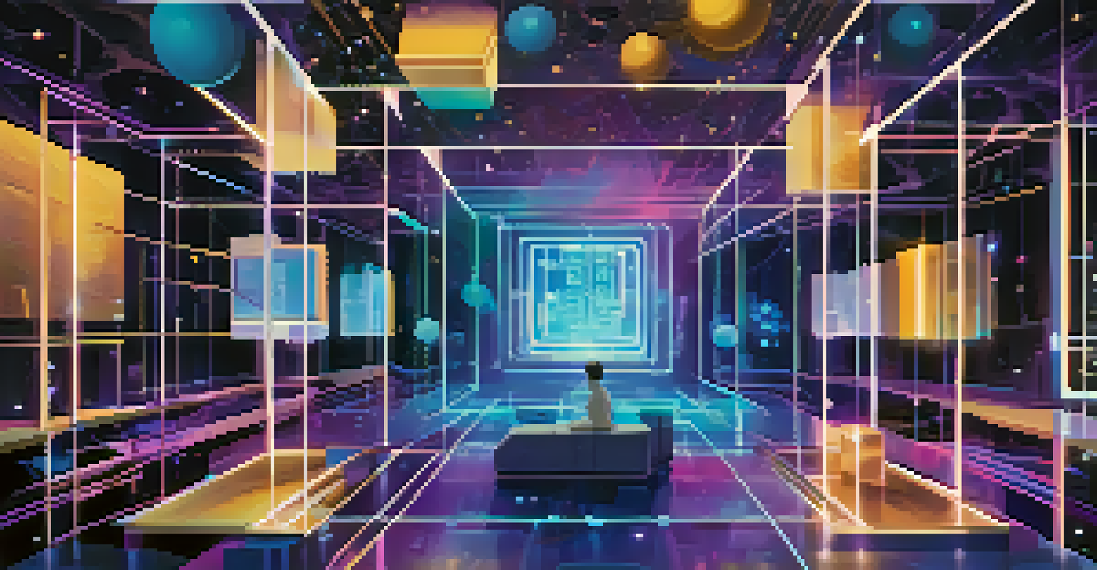 An abstract depiction of NFTs with a glowing blockchain background and floating digital art pieces in vibrant colors.