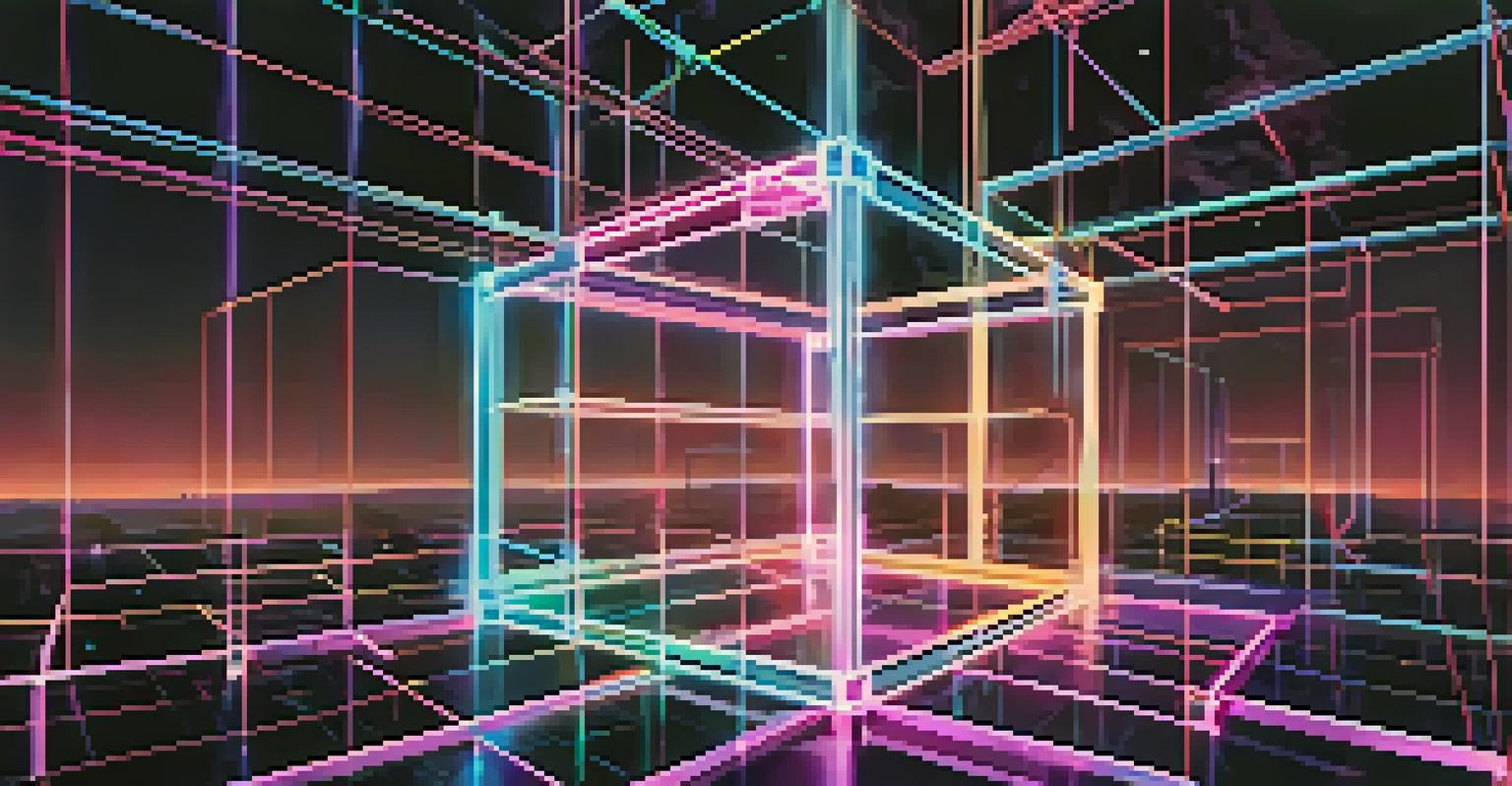 A conceptual illustration of blockchain technology with interconnected blocks and digital art images in a dark, neon-lit background.