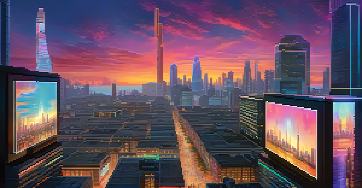 A futuristic city skyline with holographic NFTs projected on buildings during sunset.