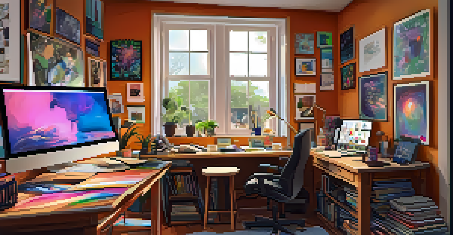 A cozy home office with an artist creating NFTs, featuring a desk with digital devices and vibrant colors, illuminated by natural light.