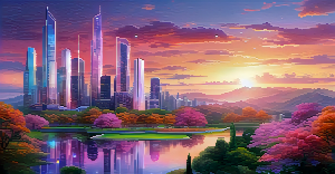 A futuristic cityscape at sunset with glass skyscrapers, a colorful sky, and people using holographic displays in a park.