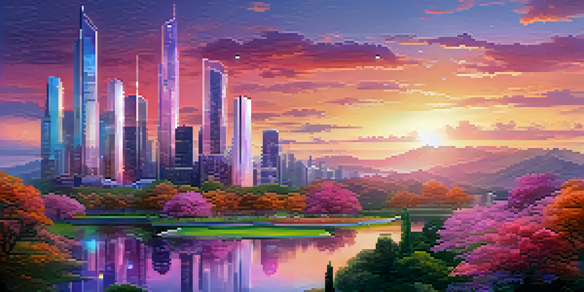 A futuristic cityscape at sunset with glass skyscrapers, a colorful sky, and people using holographic displays in a park.