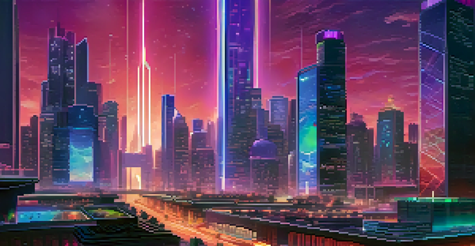 A futuristic city skyline with neon lights and holographic displays, representing blockchain technology and NFTs, with diverse people engaged in discussions in the foreground.