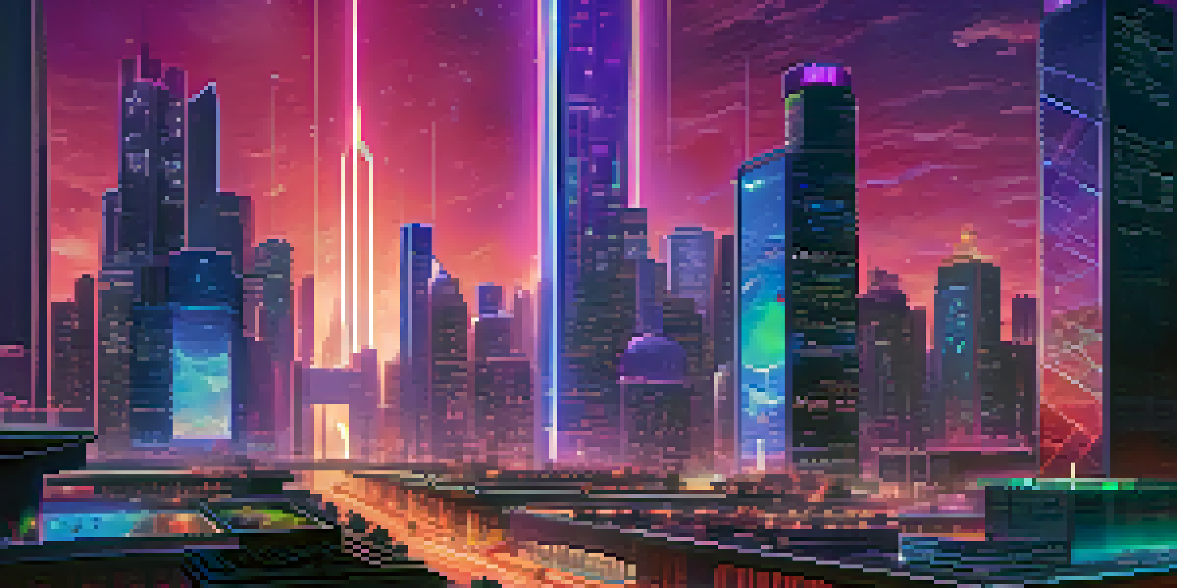 A futuristic city skyline with neon lights and holographic displays, representing blockchain technology and NFTs, with diverse people engaged in discussions in the foreground.