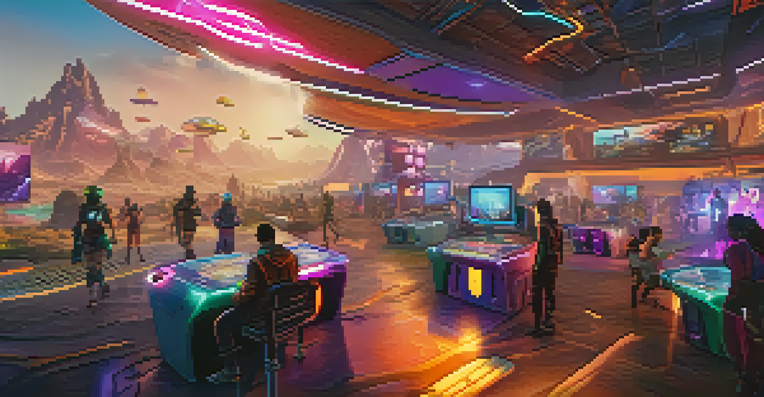 A futuristic gaming environment with players interacting with utility NFTs, featuring vibrant digital characters and items.