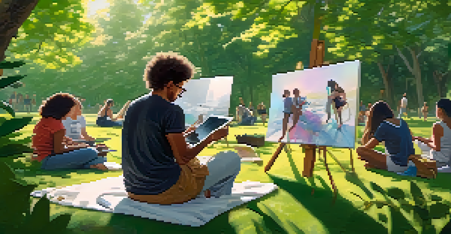 An artist painting outdoors with a digital tablet beside them, surrounded by nature and art enthusiasts.