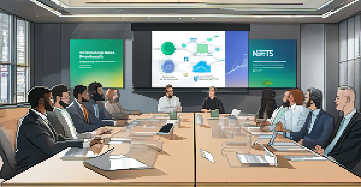 A diverse group of professionals in a conference room discussing NFTs and smart contracts, with a large screen displaying blockchain graphics.