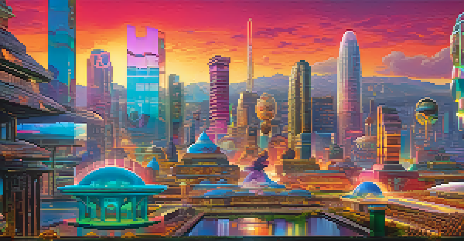 A colorful digital landscape showcasing traditional symbols as NFTs, with a futuristic city skyline in the background.