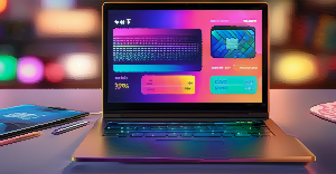 A laptop displaying a digital wallet with colorful NFT artworks on the screen, surrounded by abstract digital patterns.