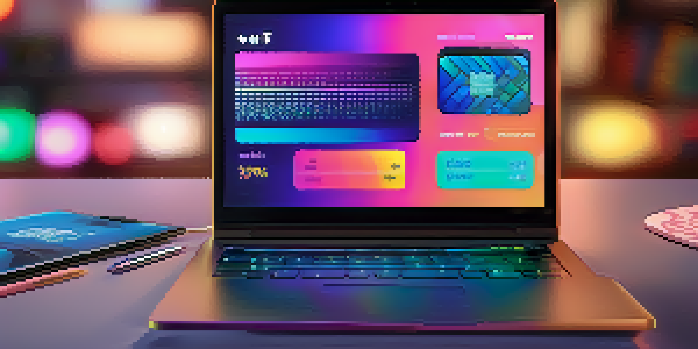 A laptop displaying a digital wallet with colorful NFT artworks on the screen, surrounded by abstract digital patterns.