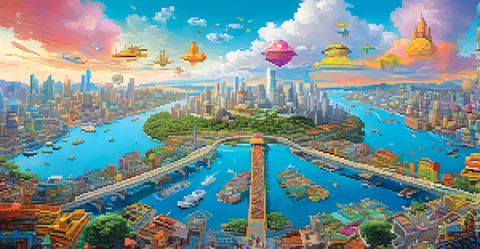A colorful illustration of different NFT marketplaces as islands connected by bridges, representing seamless asset transfer.