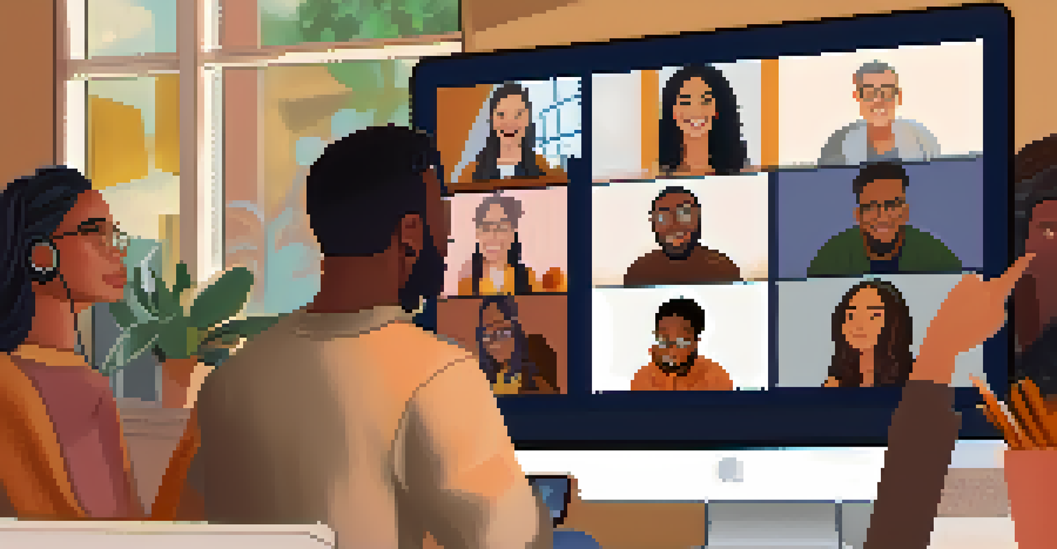 A virtual meeting with a diverse group of people discussing NFTs, each showcasing their unique digital artwork on their screens.