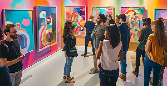 A group of diverse individuals discussing NFTs in a brightly lit modern art gallery filled with colorful abstract artworks.