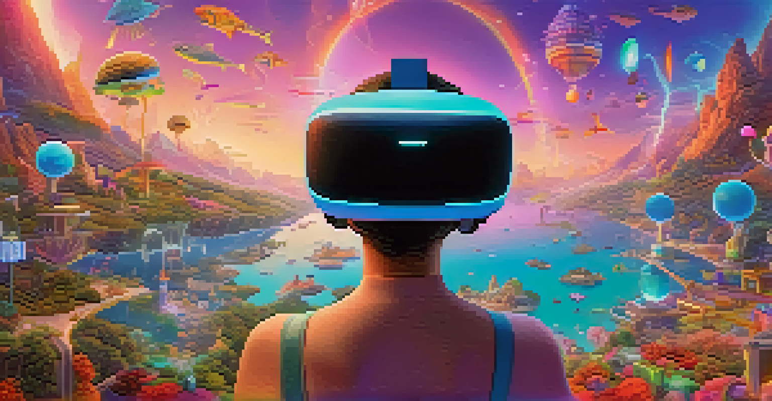 A colorful virtual reality world filled with fantastical landscapes and characters, where every object is an NFT, and viewers are exploring.