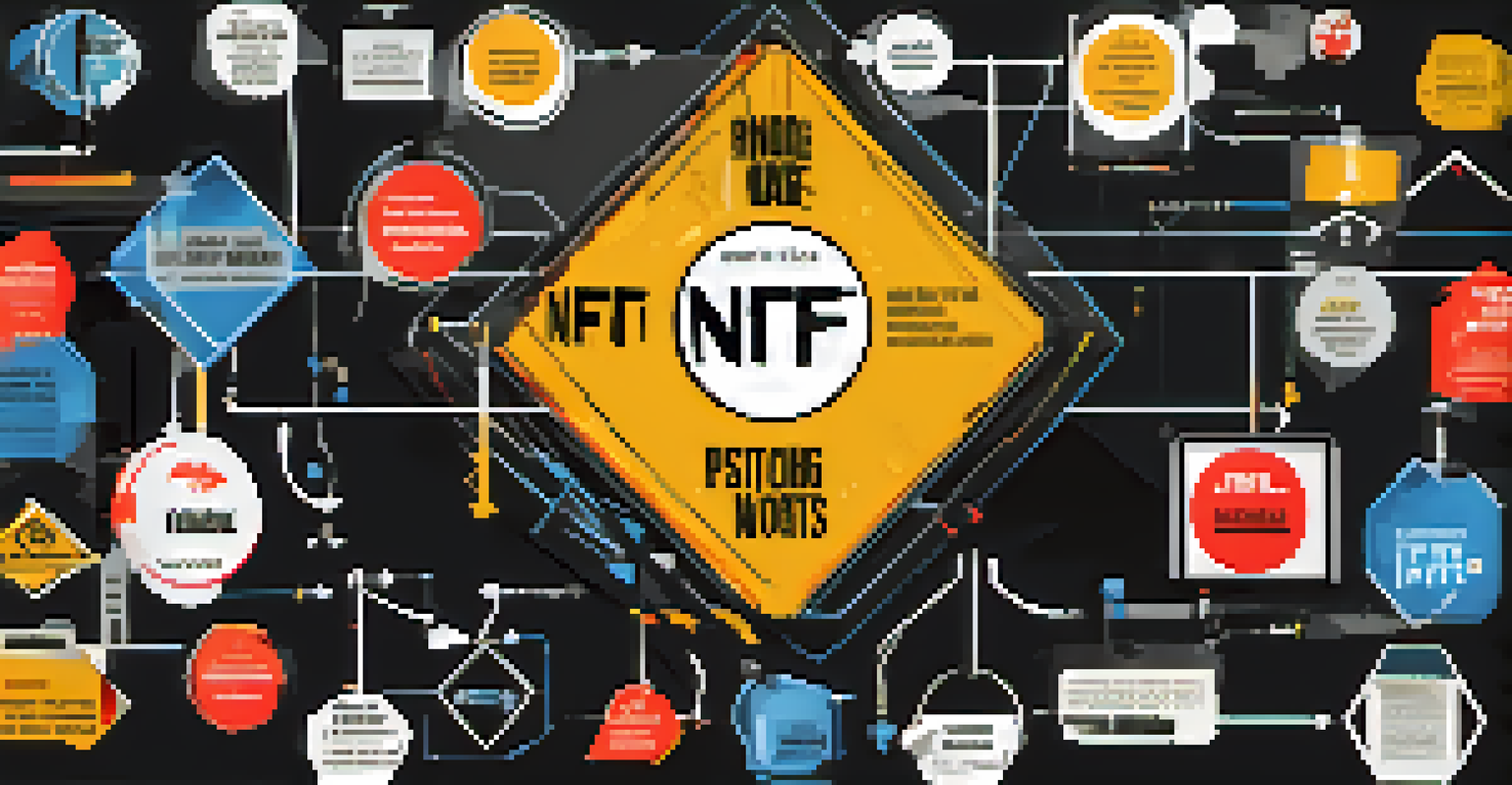 A graphic illustrating various NFT scams with keywords and warning signs on a dark background to emphasize caution.