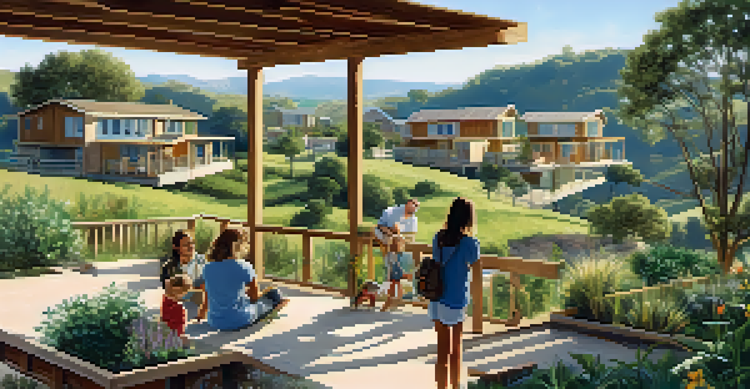 A peaceful scene of eco-friendly homes in a natural landscape, with a family enjoying the outdoors.