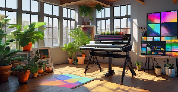 A bright digital art studio with various art supplies and a computer showing an NFT marketplace, illuminated by sunlight.