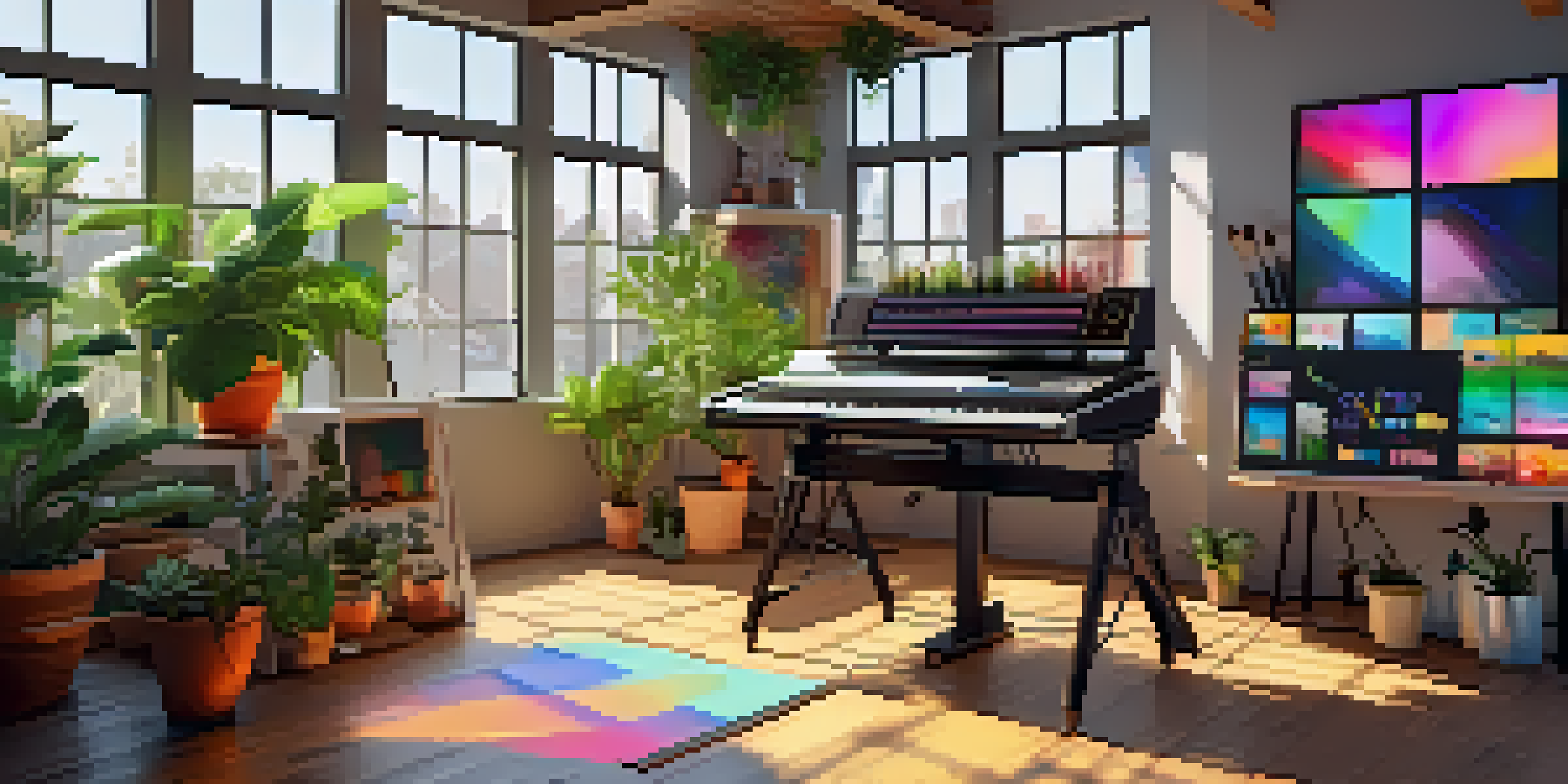 A bright digital art studio with various art supplies and a computer showing an NFT marketplace, illuminated by sunlight.