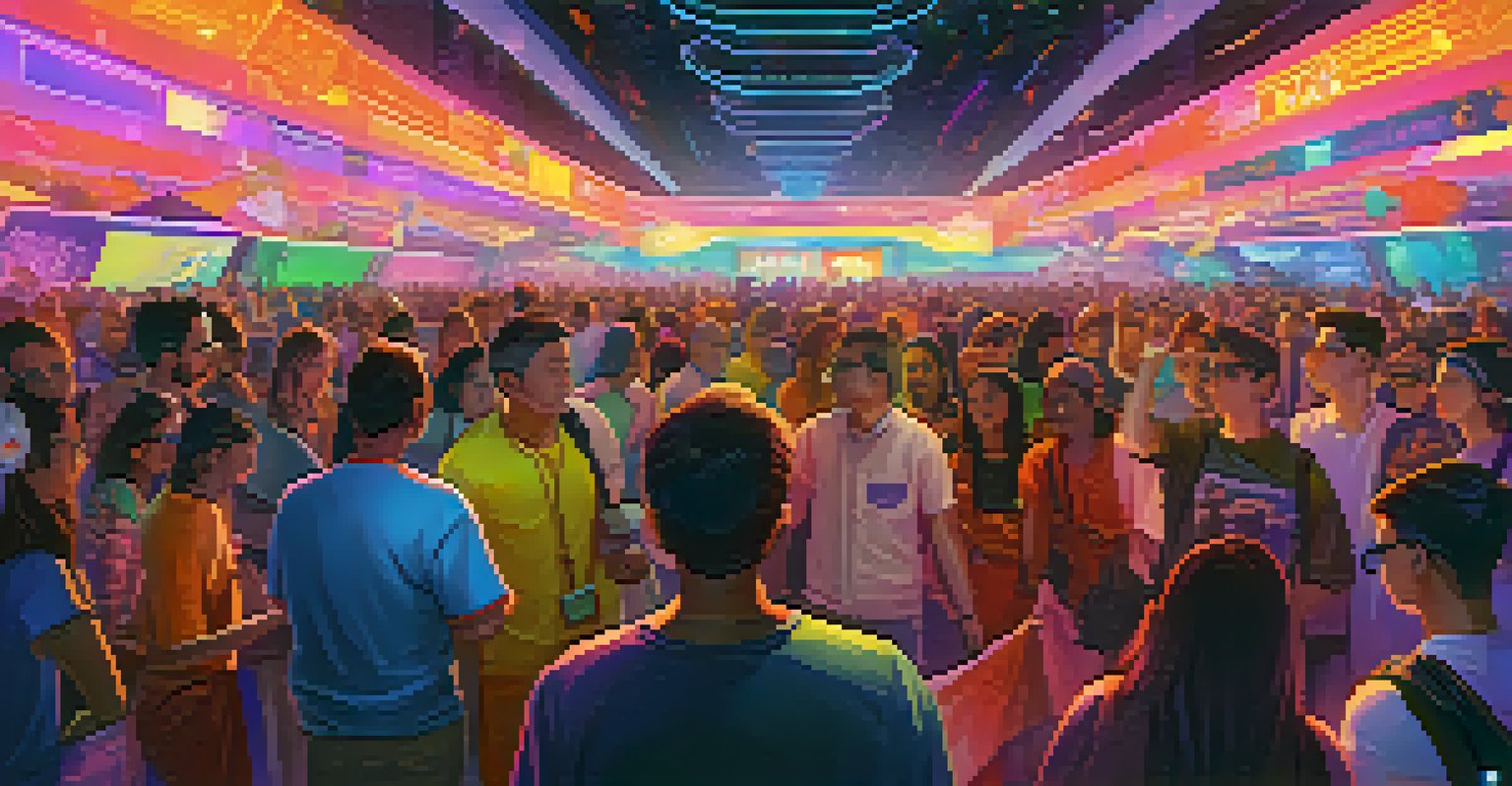 A diverse group of people celebrating at a community event, receiving unique NFTs as badges in a colorful and lively atmosphere.
