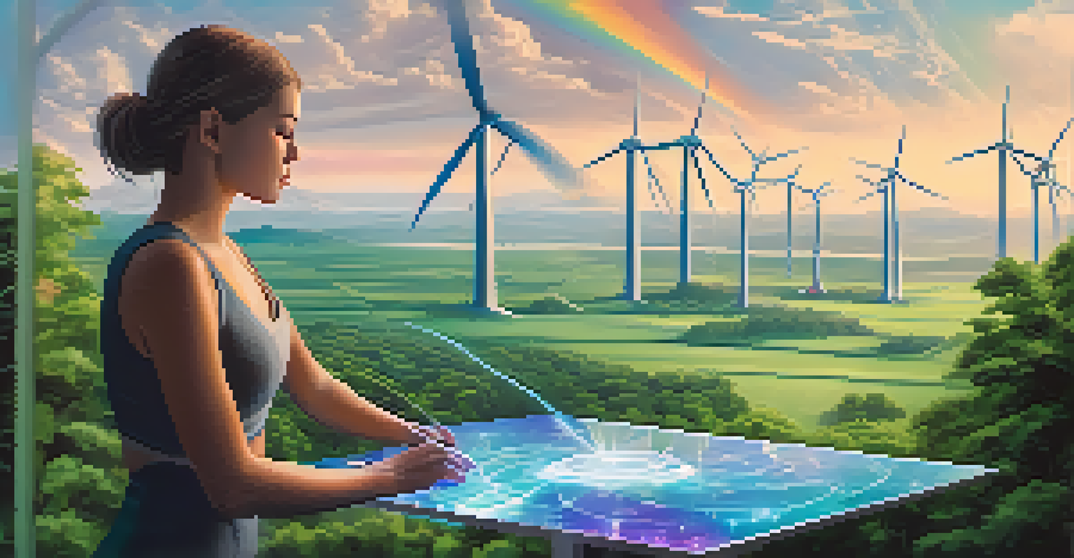 A digital artist working on a holographic device in a futuristic landscape with nature and technology harmoniously coexisting.