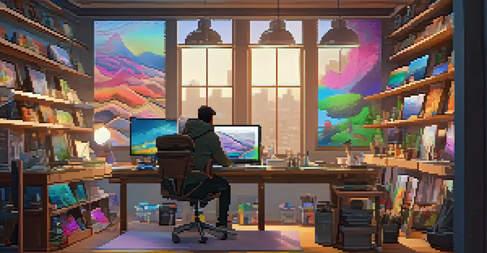 A digital artist in a colorful studio, creating NFTs on a tablet, surrounded by art supplies and screens displaying artwork.