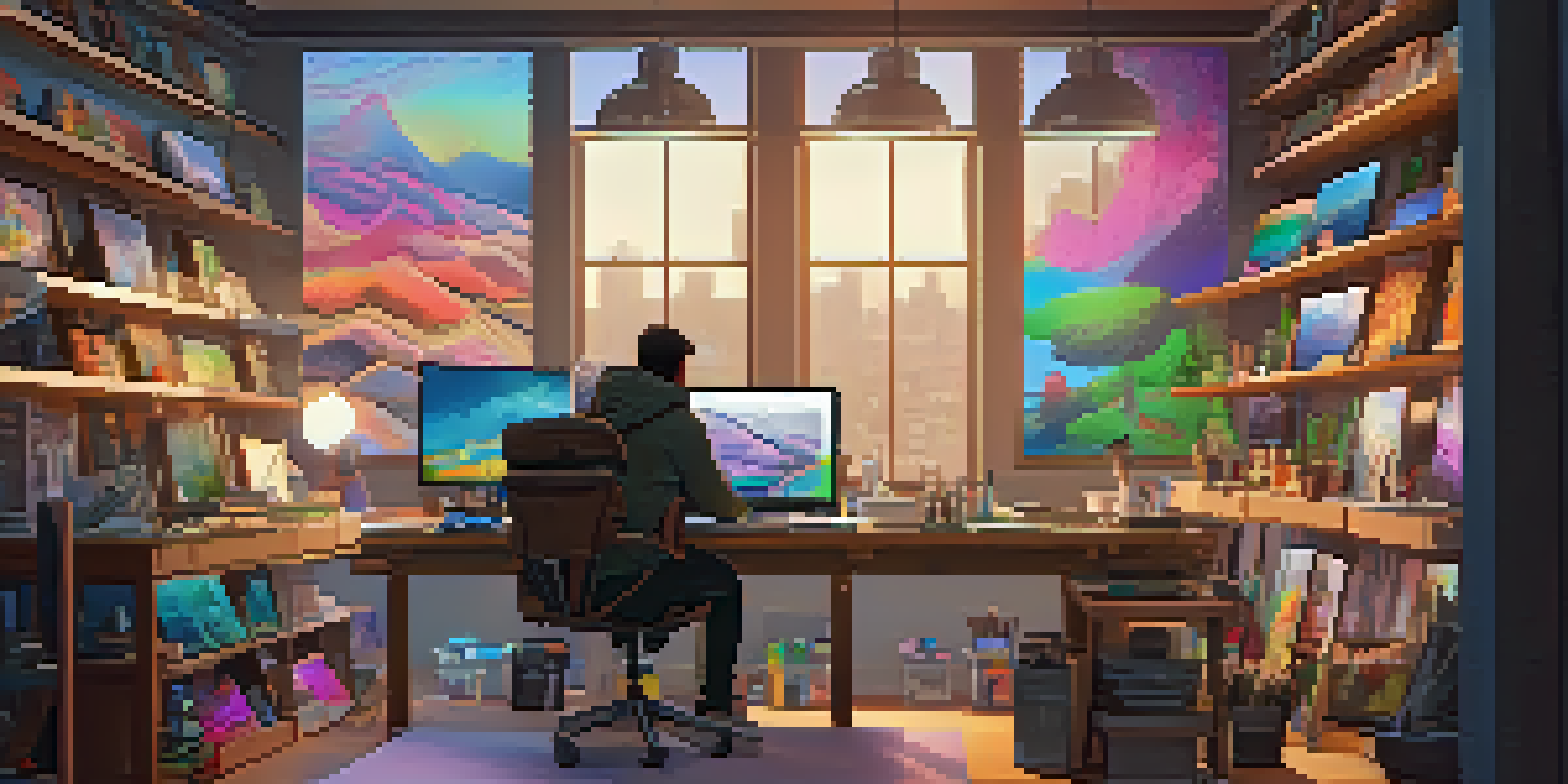 A digital artist in a colorful studio, creating NFTs on a tablet, surrounded by art supplies and screens displaying artwork.