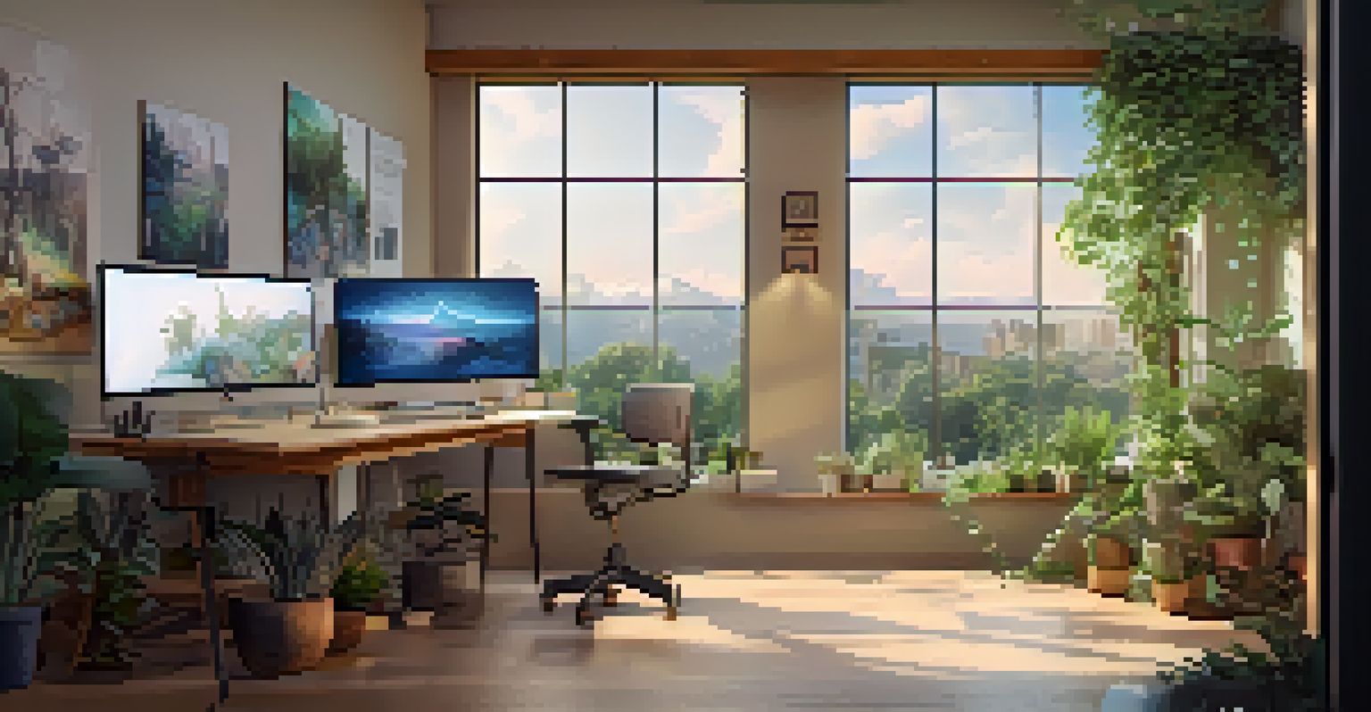 A cozy artist's workspace with art supplies and a computer showing NFT art, surrounded by plants and natural light.