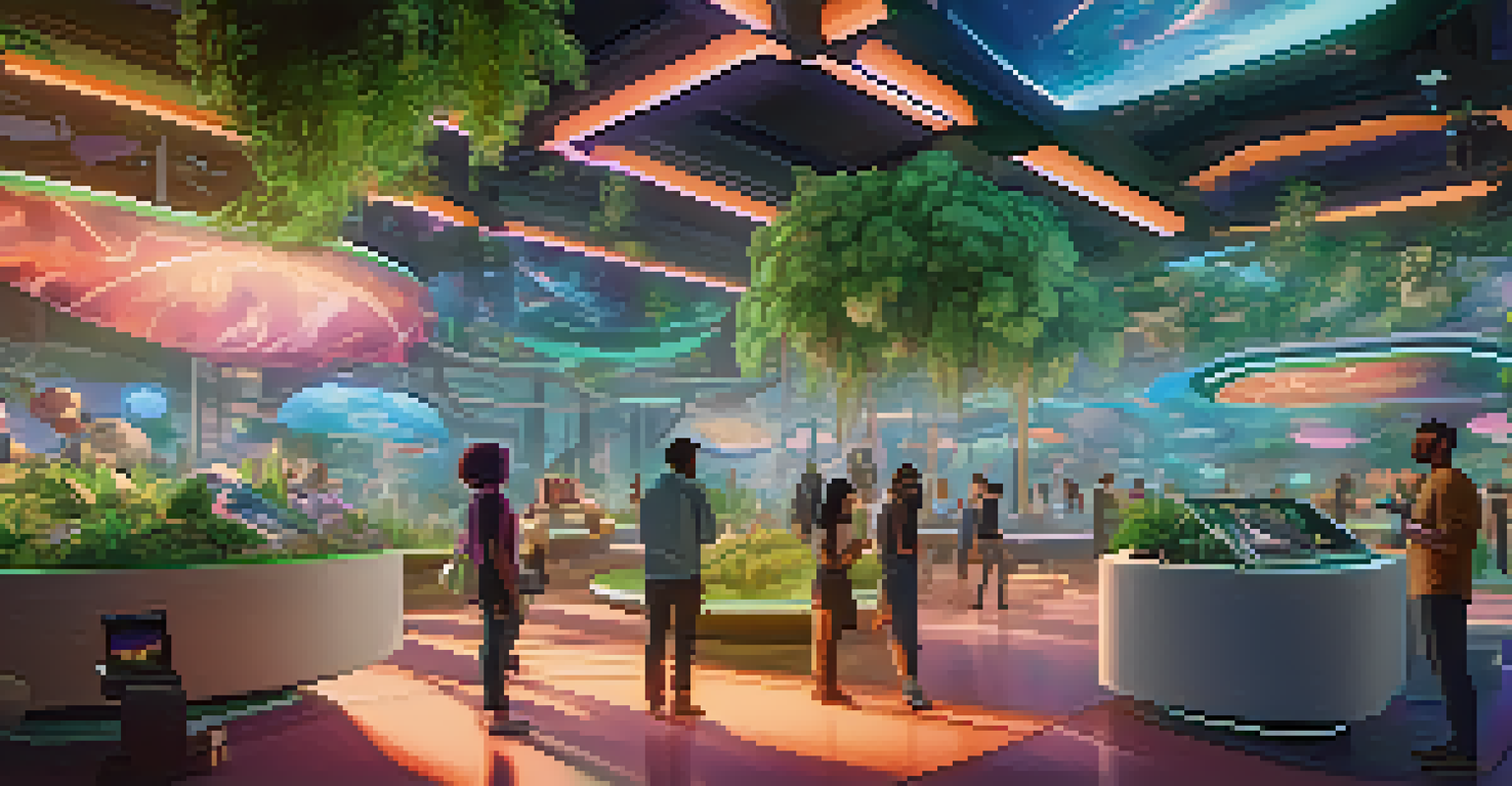Users interacting in a vibrant virtual reality landscape with digital assets and futuristic designs.