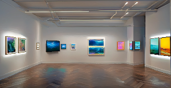 A digital art gallery with colorful NFT displays and people admiring the artwork.